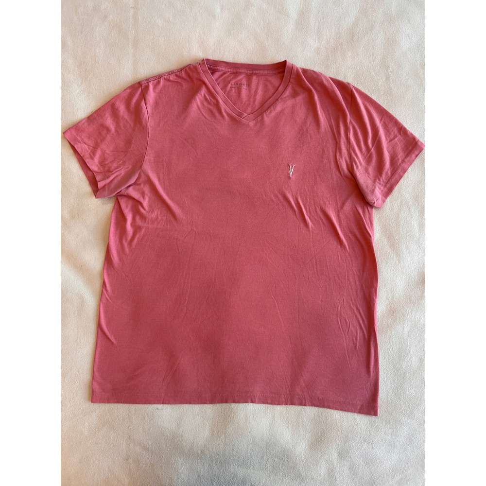 ALLSAINTS Coral Pink V Neck T Shirt Short Sleeve Logo Embroidered Women's Large